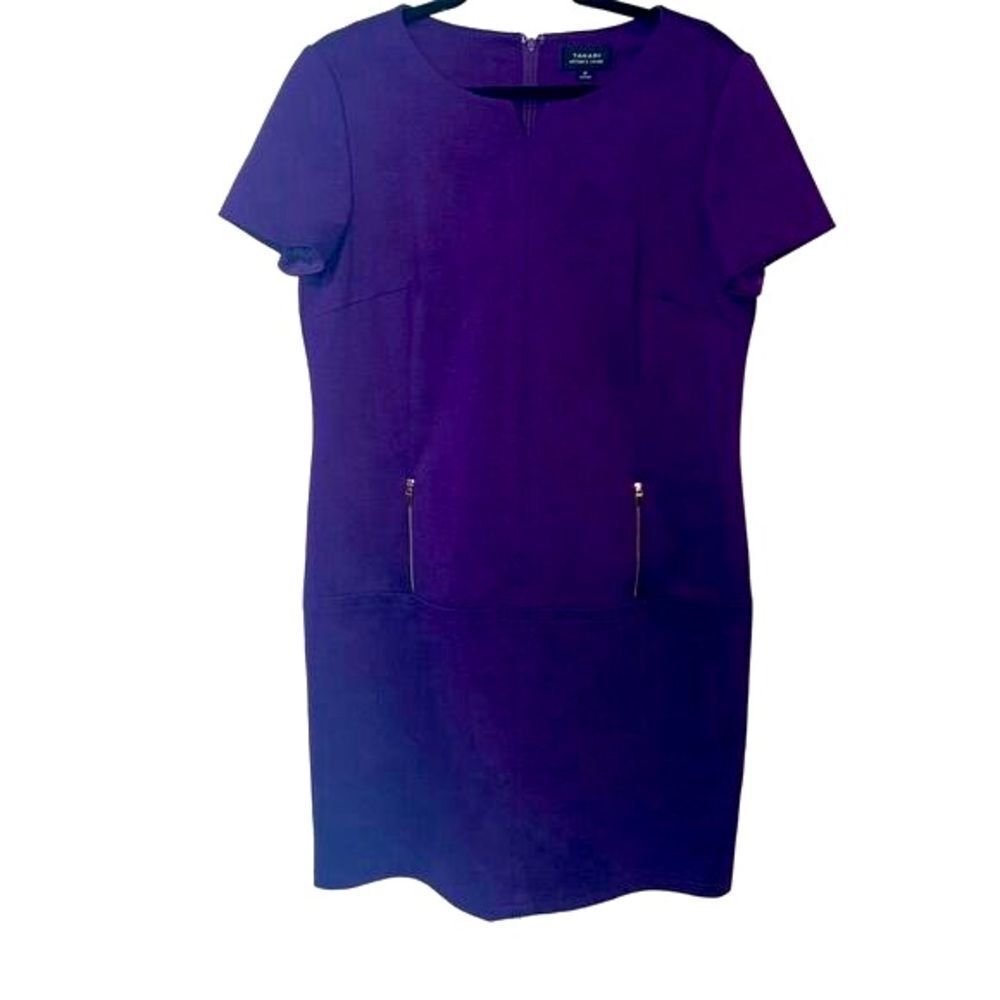 Tahari Women's Short Sleeve Shift Dress Purple Size 12 Zippered Pockets